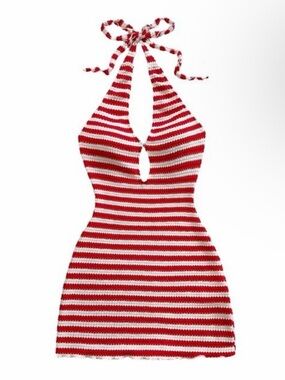 Striped Red & White Knit Halter One-Piece Dress - Kids
